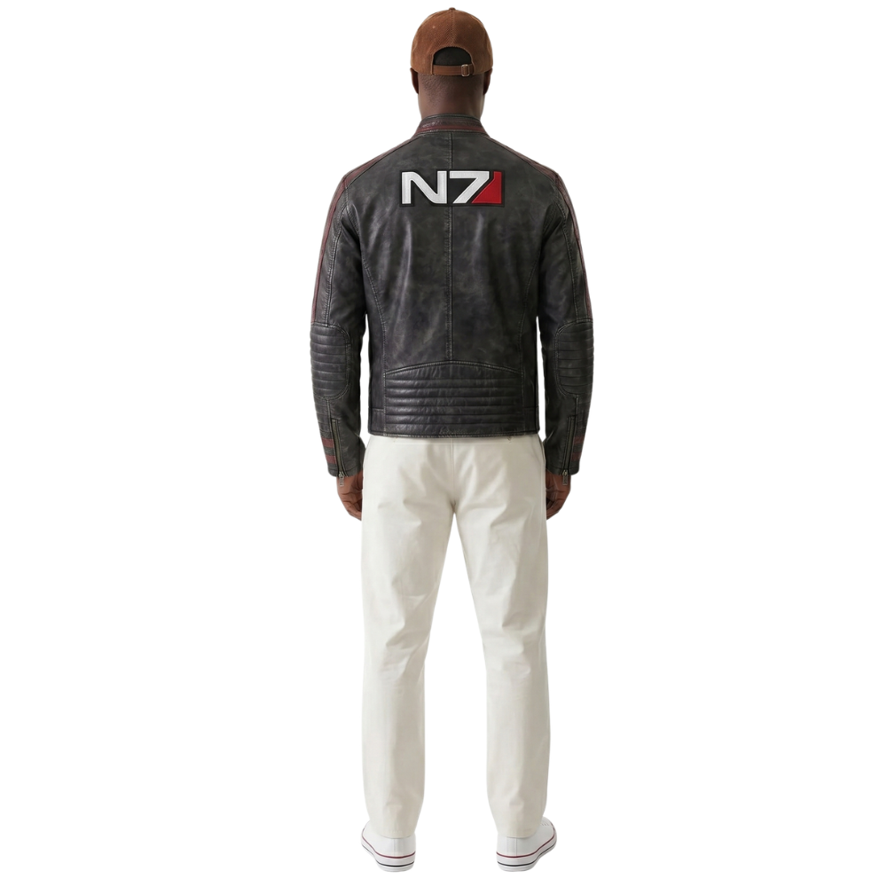 Man wearing black leather jacket with N7 logo, white pants, and brown cap