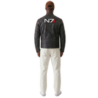 Man wearing black leather jacket with N7 logo, white pants, and brown cap