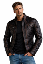 mens brown distressed leather jacket front view white background