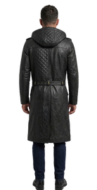 Men's black quilted leather trench coat with hood and belt, back view