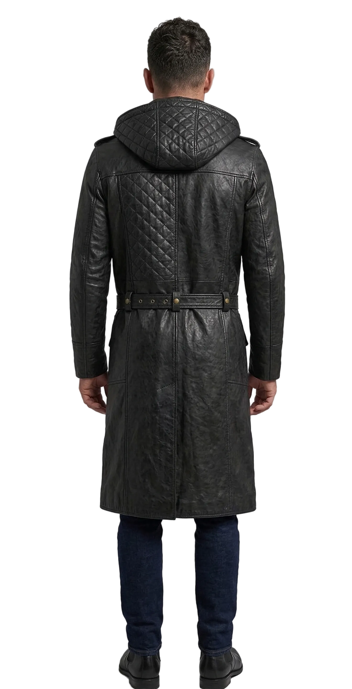 Men's black quilted leather trench coat with hood and belt, back view