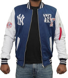 mens blue white varsity jacket front view