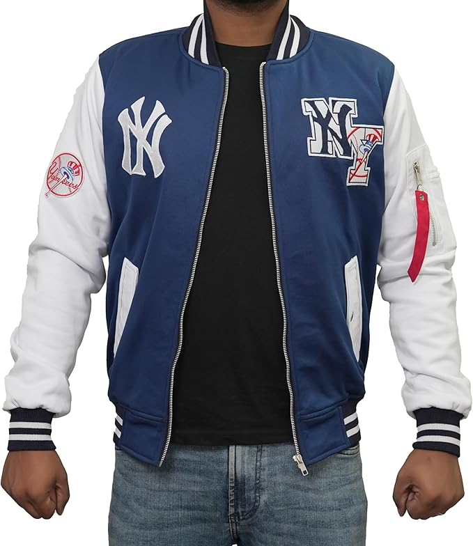 mens blue white varsity jacket front view