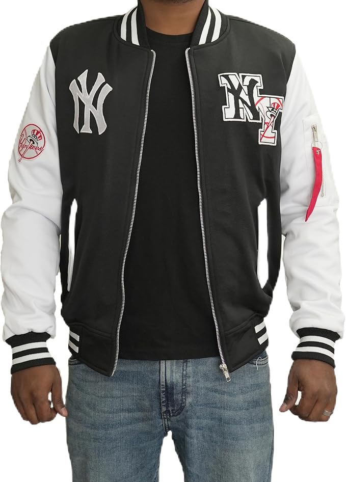 Men’s Varsity Baseball Jacket – Blue White Bomber Jacket with NY Embroidery & Streetwear Fit