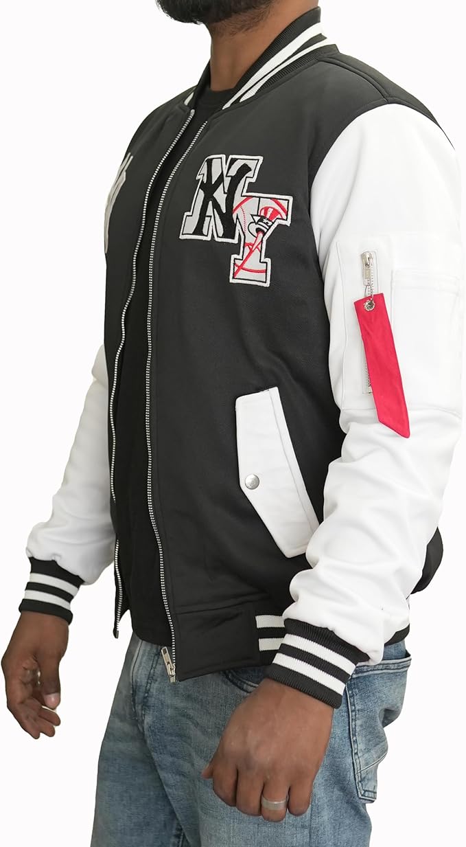 Men’s Varsity Baseball Jacket – Blue White Bomber Jacket with NY Embroidery & Streetwear Fit