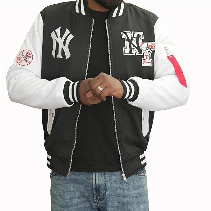 Men’s Varsity Baseball Jacket – Blue White Bomber Jacket with NY Embroidery & Streetwear Fit