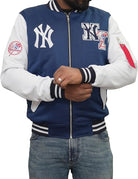 handsome model wearing varsity baseball jacket
