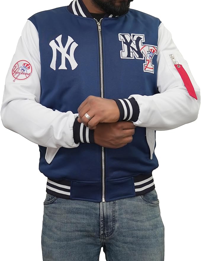 handsome model wearing varsity baseball jacket