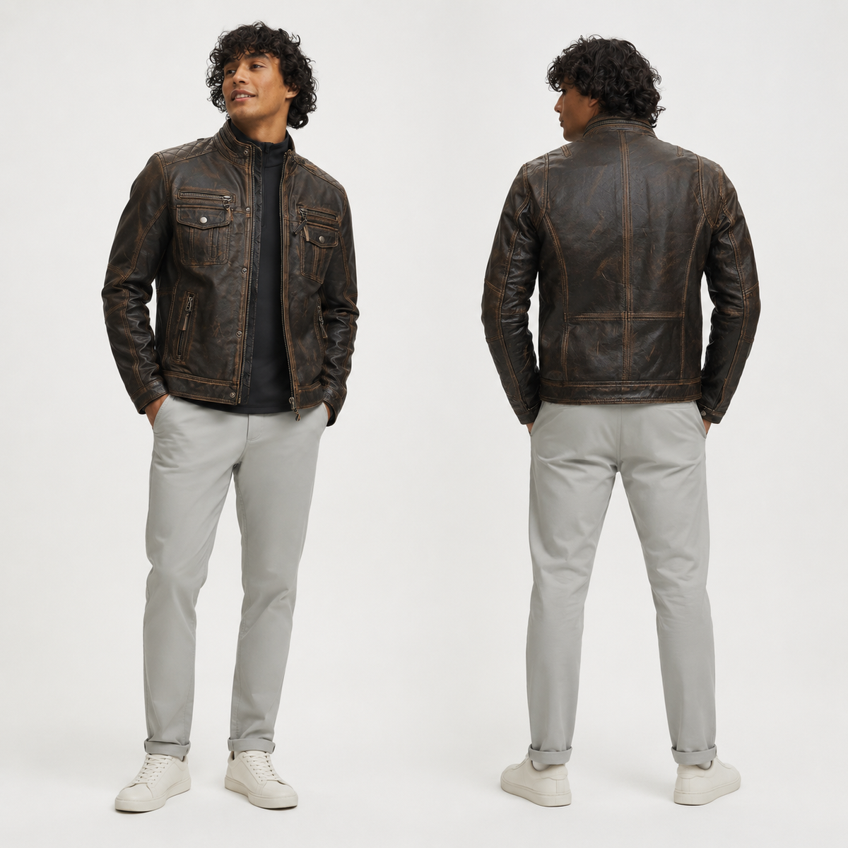 Men's distressed brown leather jacket with front pockets, shown front and back view