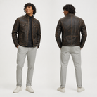 Men's distressed brown leather jacket with front pockets, shown front and back view