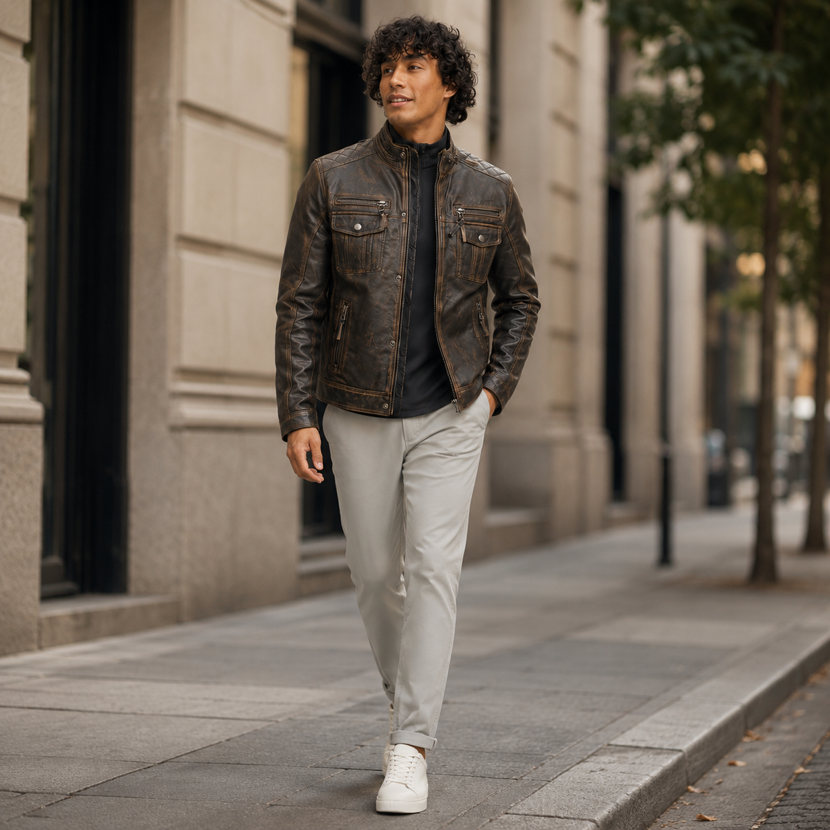 Man in brown leather jacket, light pants, white sneakers walking city sidewalk
