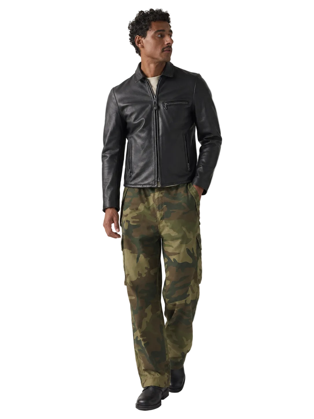 Man wearing black leather jacket and camouflage cargo pants, stylish outdoor outfit