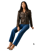 Woman in brown leather moto jacket, blue jeans, and black heels, stylish casual outfit