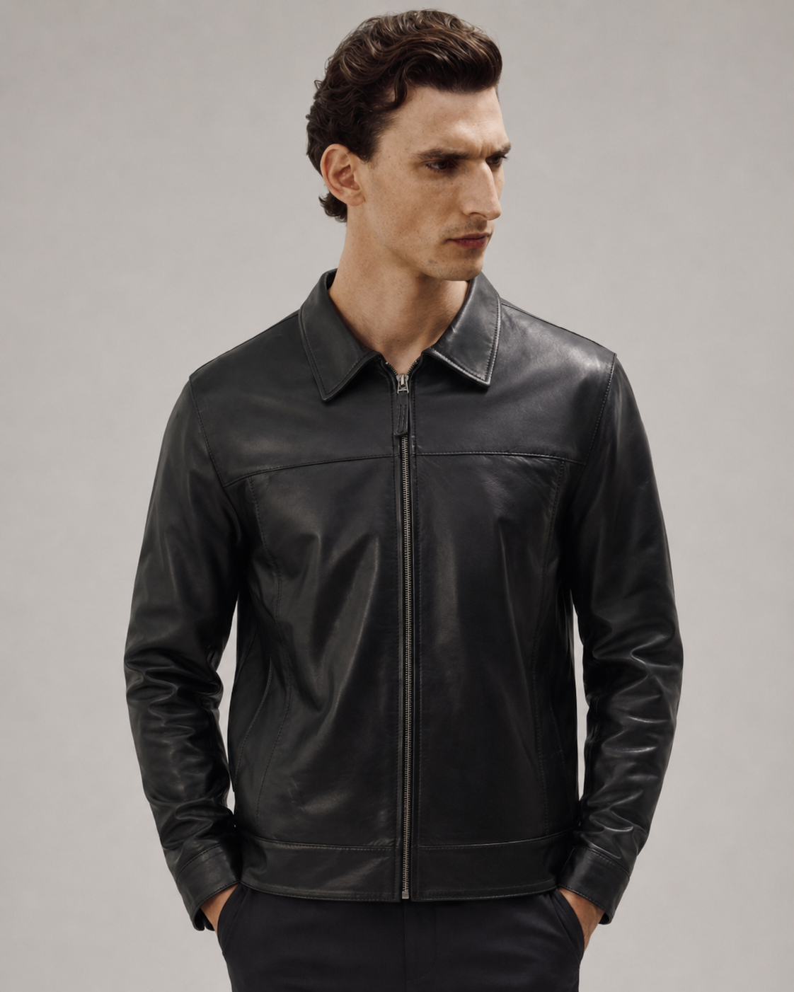 Men's black leather jacket with zip front and collar, stylish casual wear