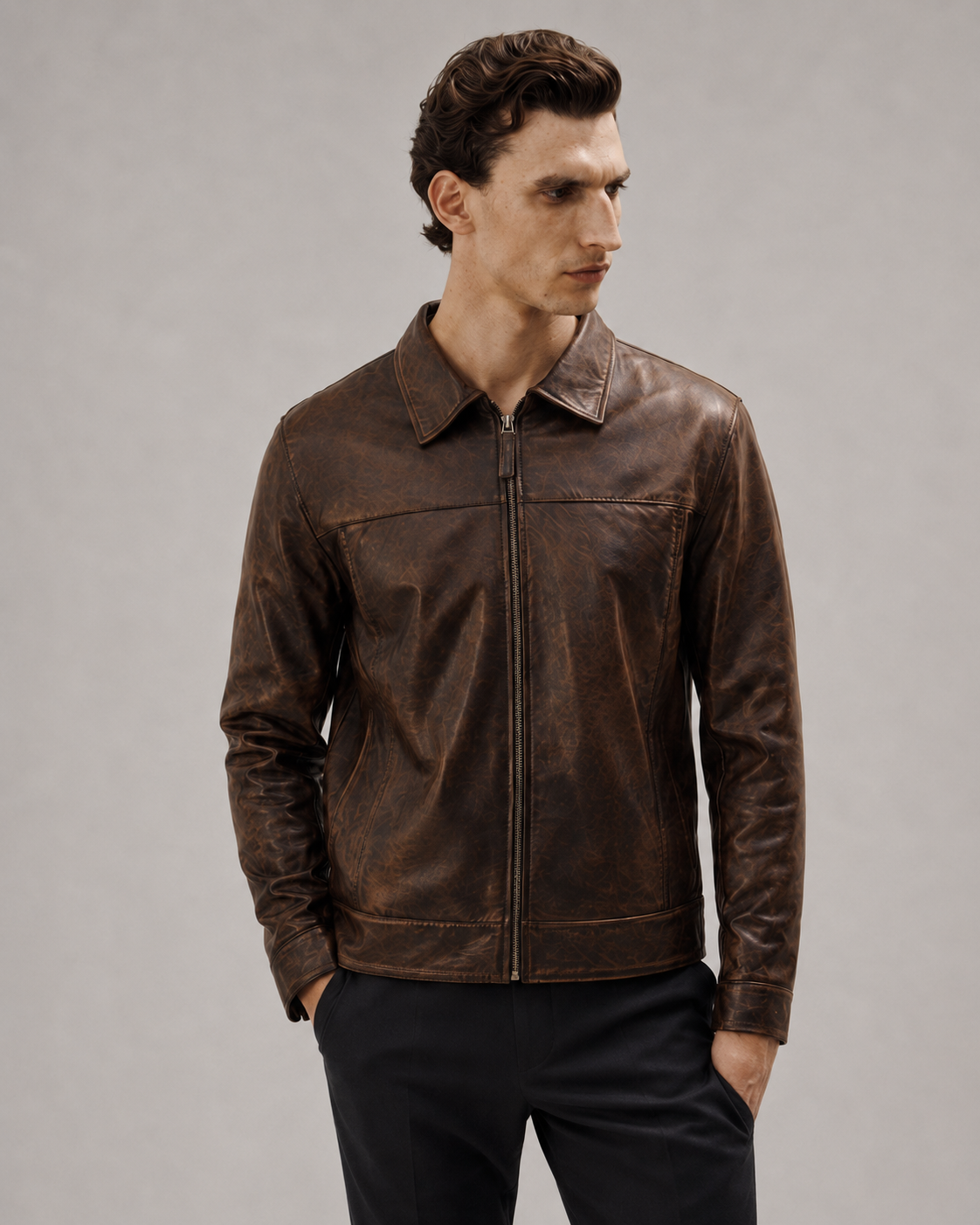 Men's brown distressed leather jacket with zip front and collar, styled with black pants