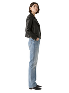 Woman in black leather jacket and light blue jeans, stylish casual outfit