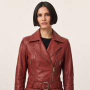 Women's red leather biker jacket with belt and zippers