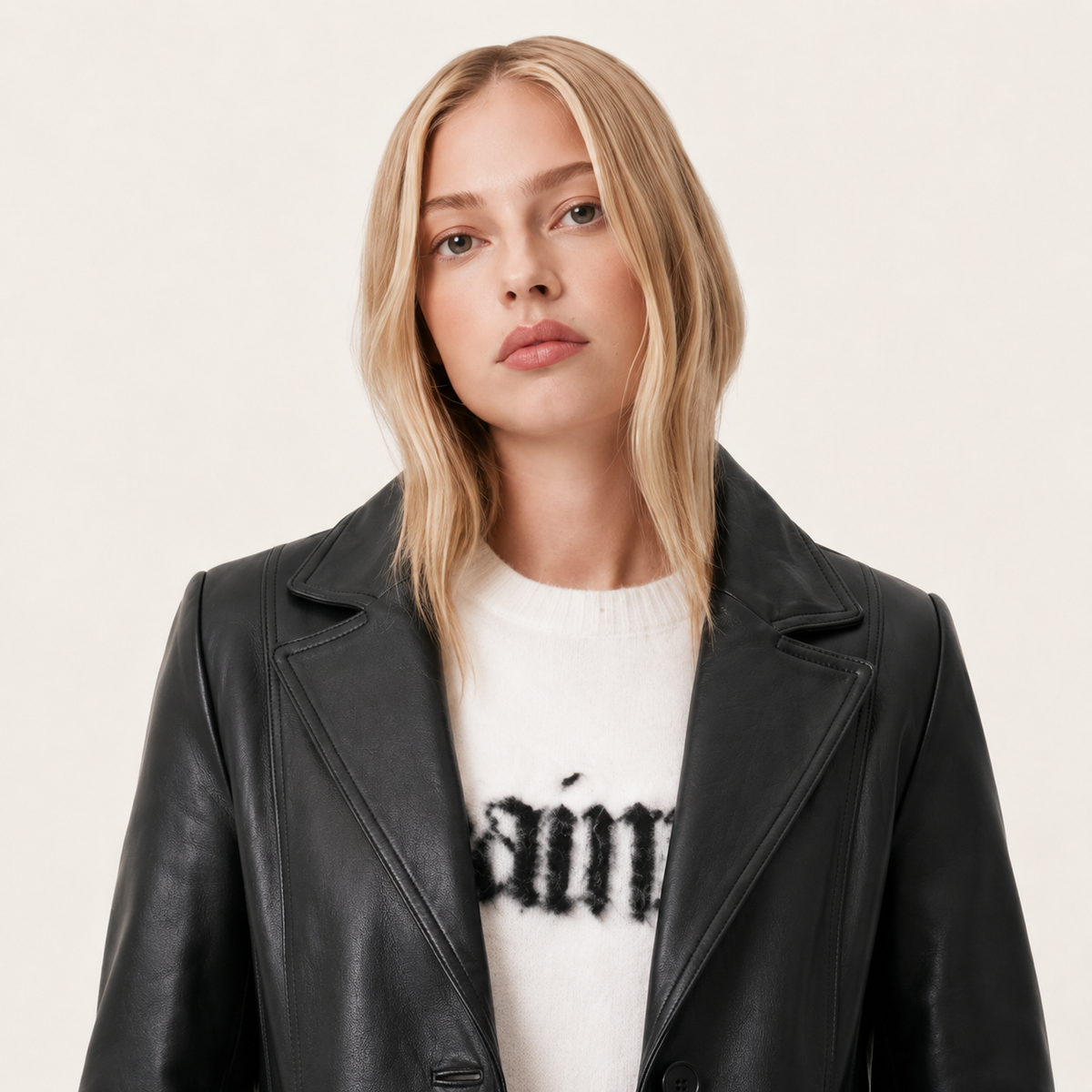 Blonde woman wearing black leather jacket over white graphic sweater