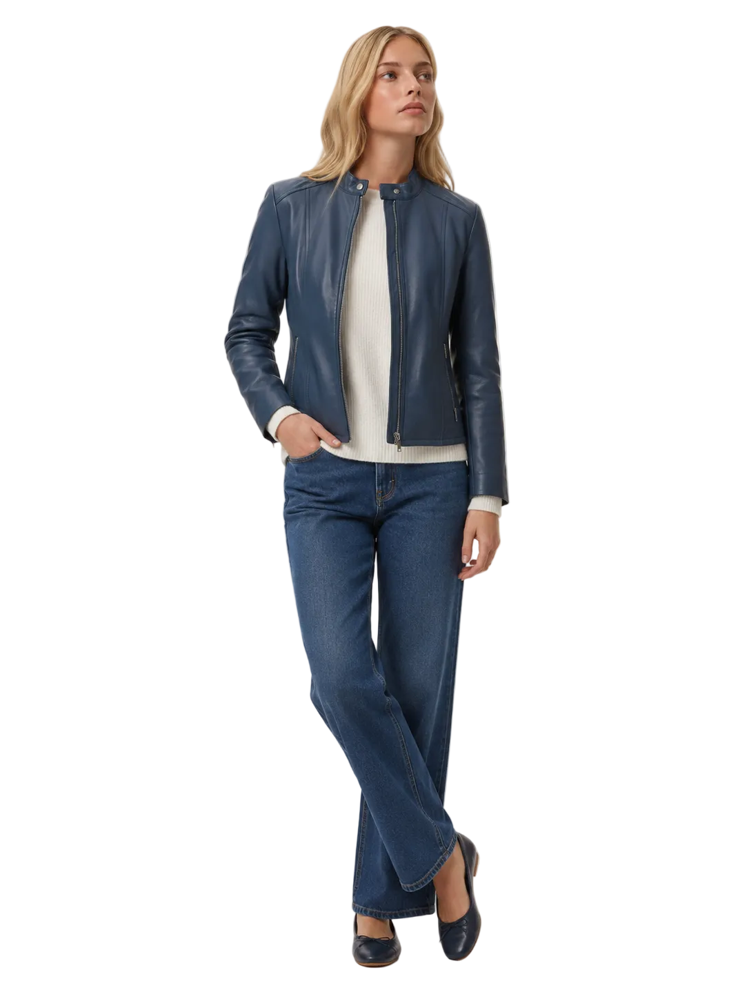 Woman wearing navy blue leather jacket with ribbed sweater and wide-leg jeans, stylish casual outfit