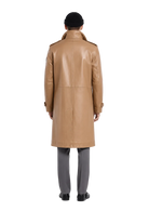 Tan leather trench coat back view, men's fashion, stylish outerwear