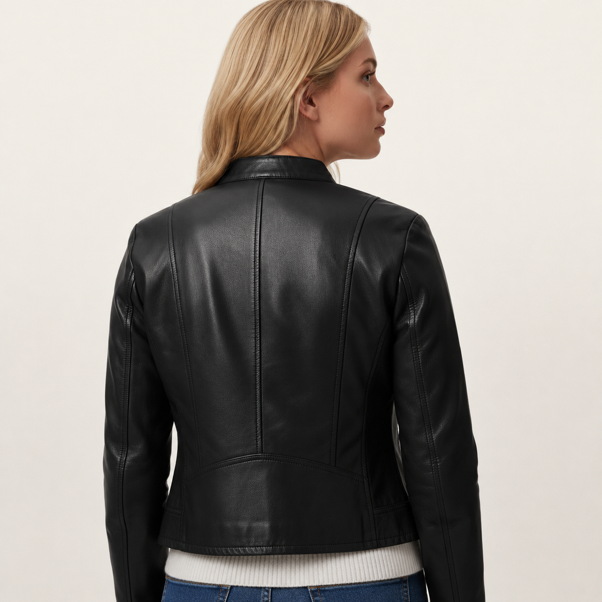 Black leather jacket with sleek stitching, worn by woman with blonde hair