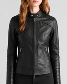 Black women's leather moto jacket with front zipper and side pockets