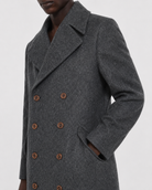 Grey double-breasted wool coat with brown buttons, stylish men's outerwear
