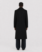 Black men's long coat back view, sleek minimalist design for winter wear