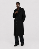 Man wearing black double-breasted long coat with sunglasses, stylish winter outerwear
