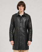 Men's black leather trench coat with button front and zipper pocket, stylish outerwear for fall