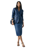 Woman in blue leather blazer and denim midi skirt with matching clutch and black heels