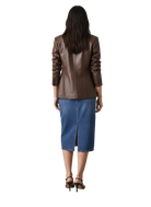 Brown leather blazer with ruched sleeves paired with blue denim midi skirt and black heels