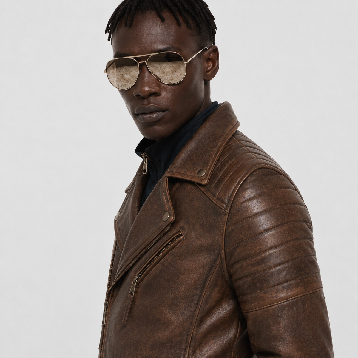 Man wearing brown leather moto jacket with quilted shoulders and aviator sunglasses