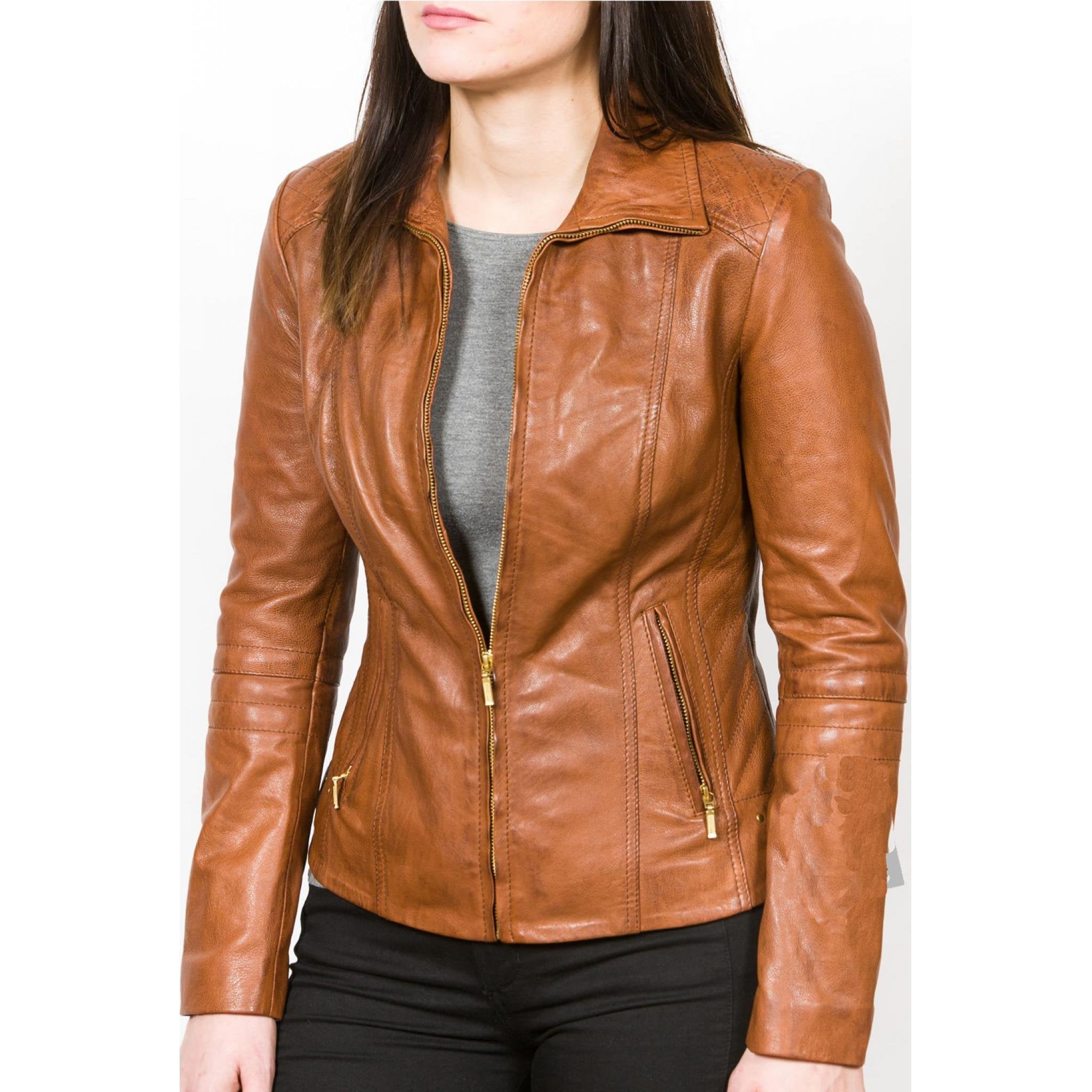 Women's_ Classic_ Brown_ Zip_ Leather_ Jacket