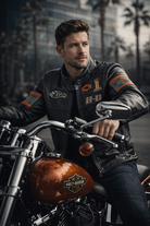biker sitting on motorcycle wearing leather jacket