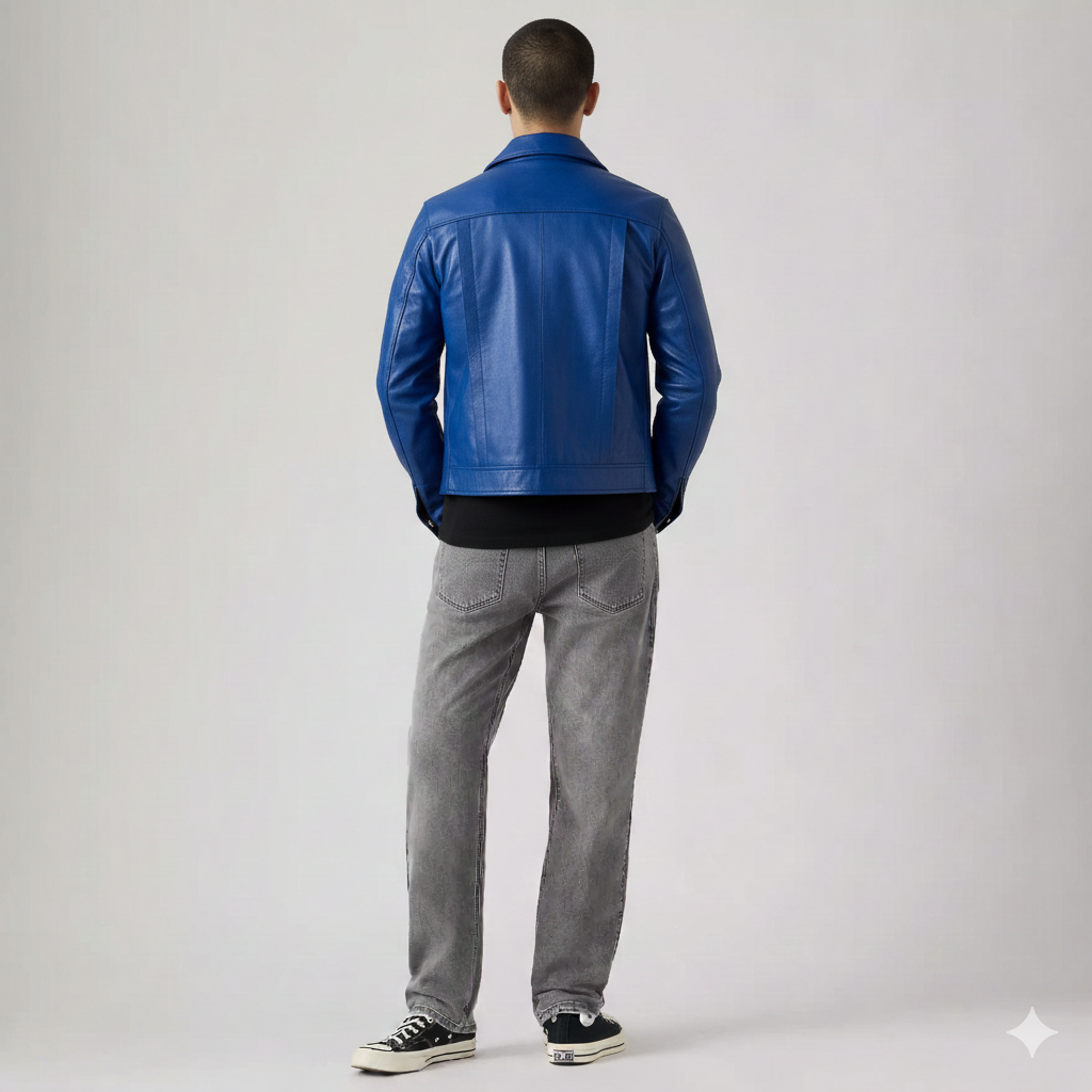 Man wearing blue leather jacket, gray jeans, and black sneakers from behind