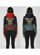 Women's leather hooded jackets with 'Property Joker' back print, red and navy options, quilted design