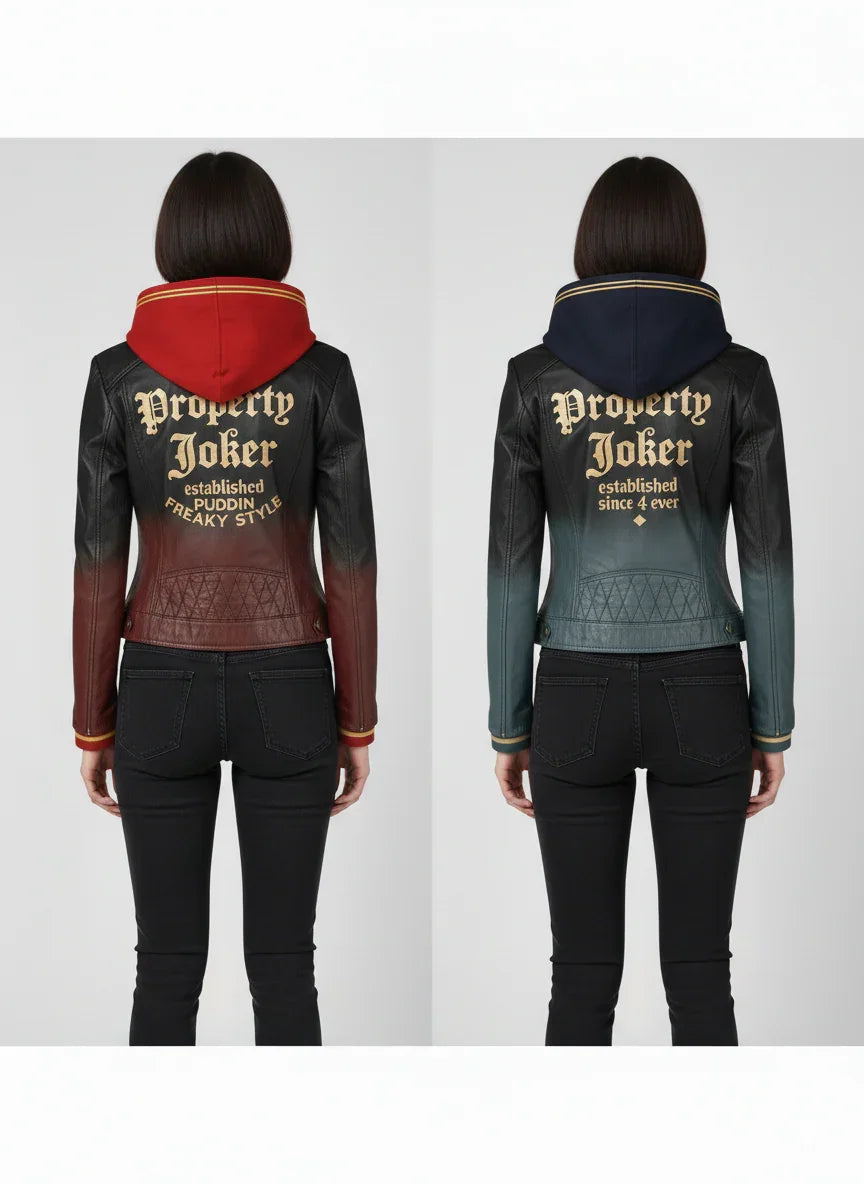 Women's leather hooded jackets with 'Property Joker' back print, red and navy options, quilted design