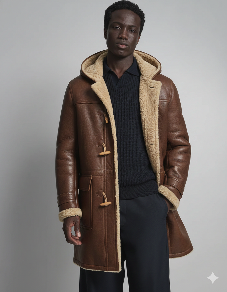 Brown shearling coat with hood, worn over navy sweater and pants, stylish winter outerwear