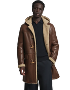 Men's brown shearling coat with hood, toggle closures, and cozy fleece lining for winter wear