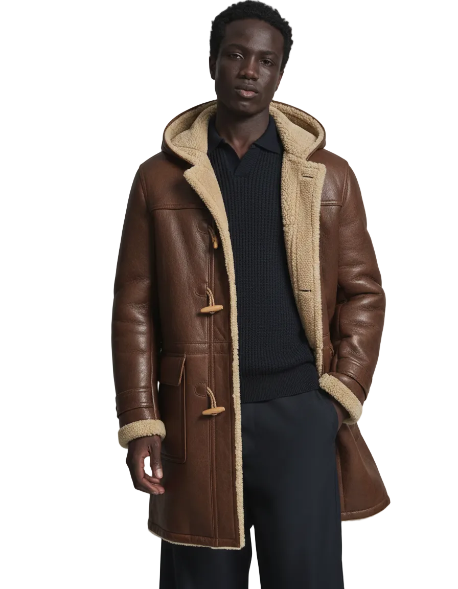 Men's brown shearling coat with hood, toggle closures, and cozy fleece lining for winter wear