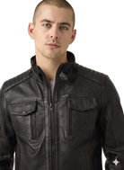 Men's black leather jacket with zippered pockets and quilted shoulders