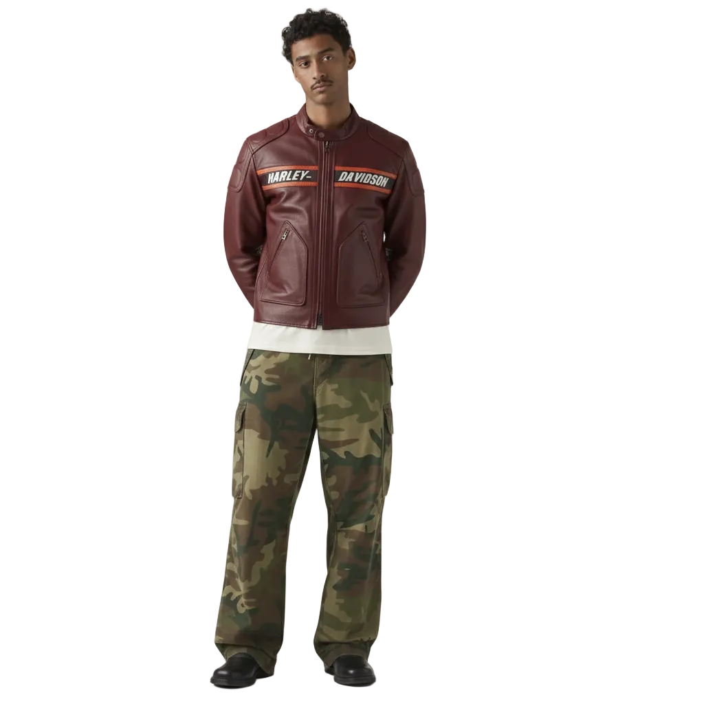 Man wearing burgundy Harley-Davidson leather moto jacket with camo cargo pants