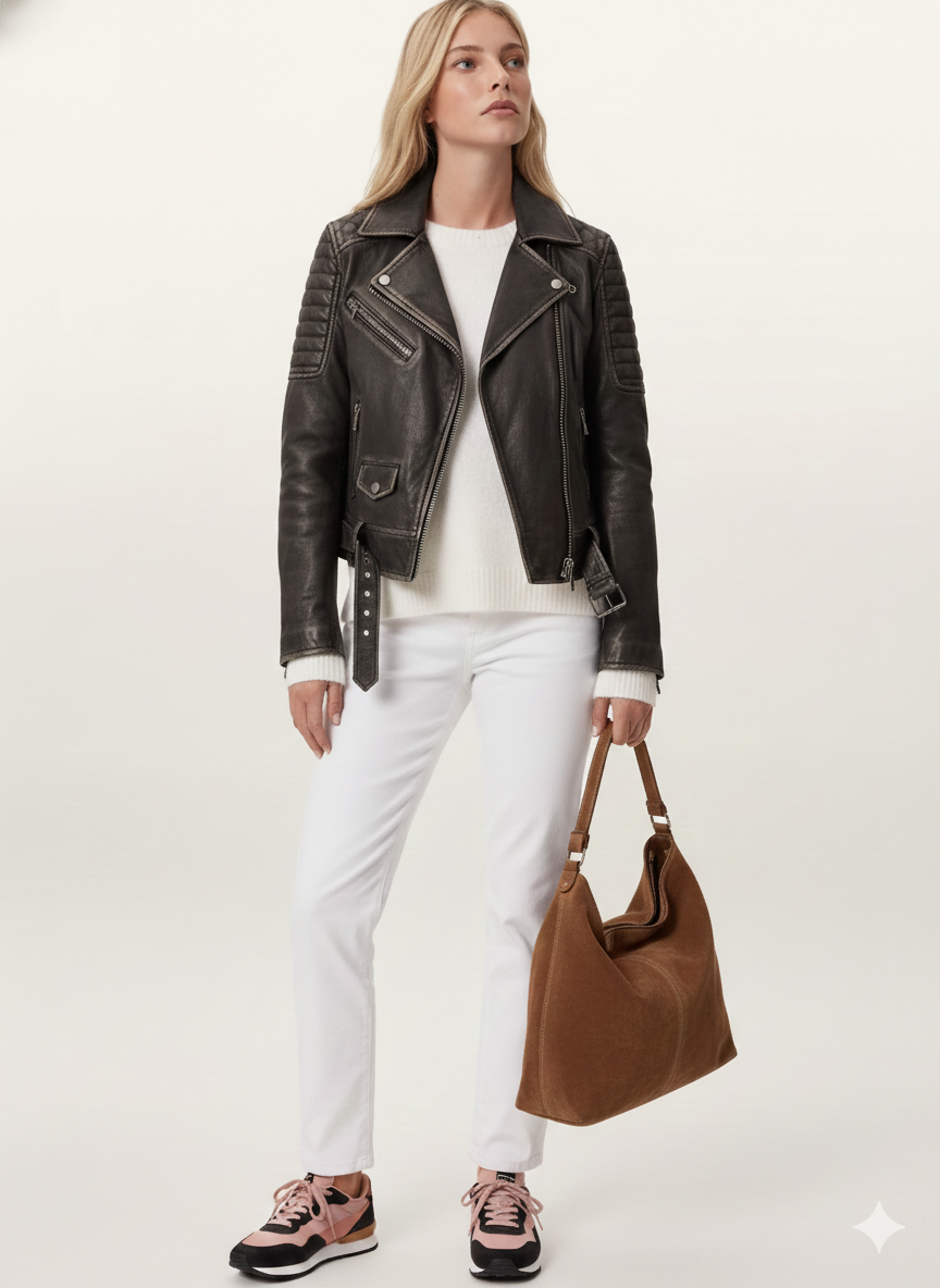 Woman in dark brown leather moto jacket, white sweater, white jeans, pink sneakers, holding brown tote bag