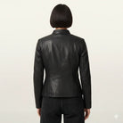 Black leather jacket back view, sleek fit, women's fashion outerwear
