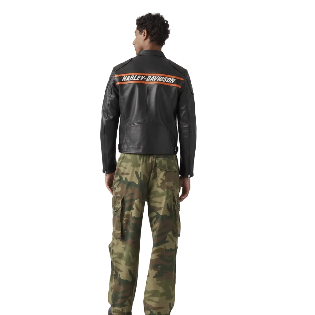 Men's black leather motorcycle jacket with Harley-Davidson back stripe, paired with camo cargo pants