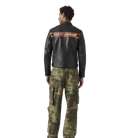 Men's black leather motorcycle jacket with Harley-Davidson back stripe, paired with camo cargo pants