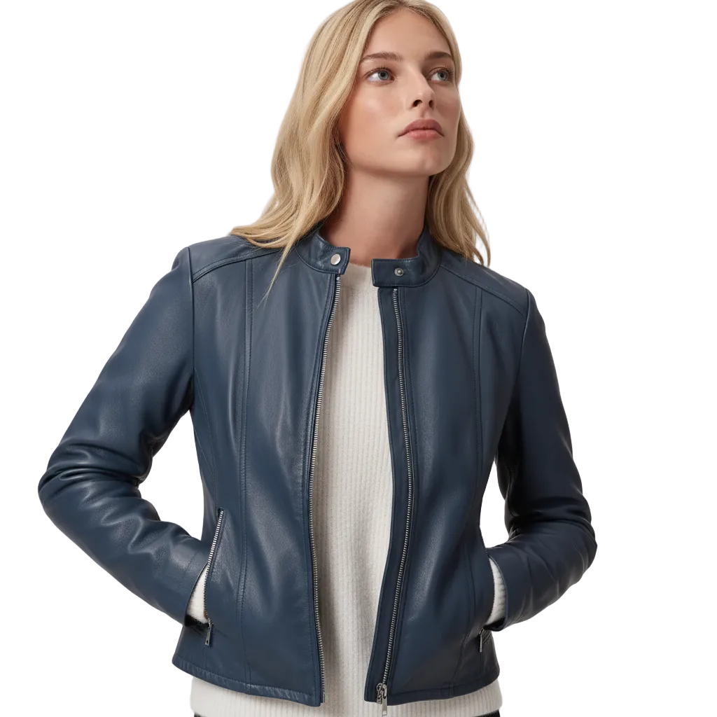 Navy blue women's leather jacket with zipper front and ribbed cuffs, styled over cream sweater