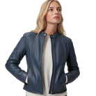 Navy blue women's leather jacket with zipper front and ribbed cuffs, styled over cream sweater