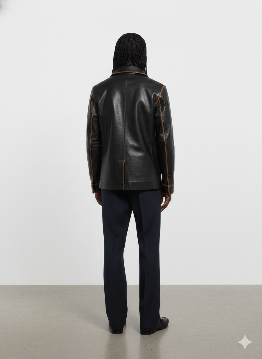 Black leather jacket with contrast stitching, back view on model wearing dark trousers
